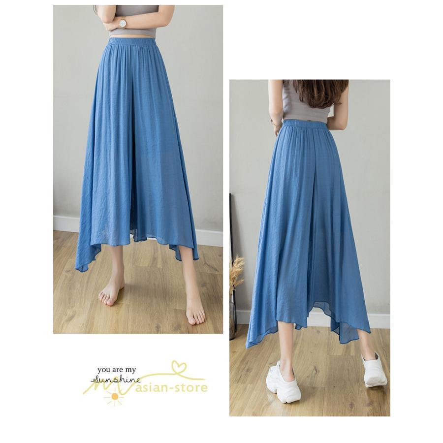 新作 | リネンパンツ 夏 ガウチョパンツ スカーチョ 体型カバー ワイドパンツ レディース ガウチョ ボトムス ゆったり 涼しい キュロット 春夏 ウエストゴム ズボン