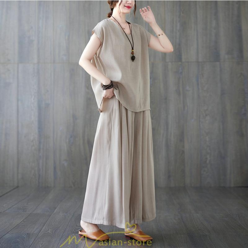 セットアップ | レディース 夏服 Tシャツ ワイドパンツ ガウチョパンツ カジュアル 無地 冷感 涼感 ブラウス トップス 30代40代 2点セット ゴム パンツ 半袖