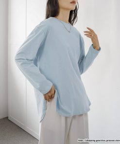 tシャツ・カットソー | Tシャツ Tシャツ コットン長袖オーバーサイズ裾ラウンドTシャツ レディース 綿Tシャツ 長袖Tシャツ クルーネック 秋物 ミドル丈 無地 丸首 長袖