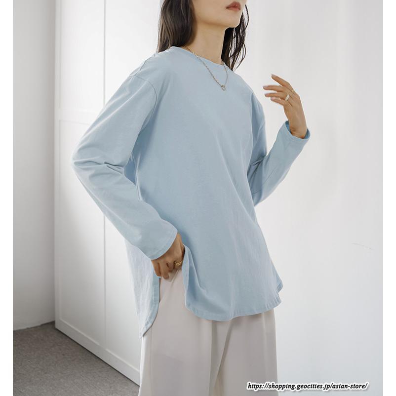 tシャツ・カットソー | Tシャツ Tシャツ コットン長袖オーバーサイズ裾ラウンドTシャツ レディース 綿Tシャツ 長袖Tシャツ クルーネック 秋物 ミドル丈 無地 丸首 長袖