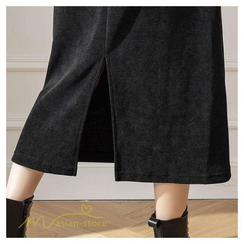 スカート | Aライン秋冬コーデ ウエストゴム カジュアル 20代 30代 着痩せ 秋 冬 ひざ下丈 パイル地 OL 40代 ポケット ビジネス 50代 裾口スリット