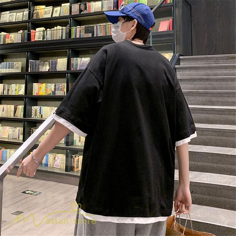 Tシャツ | メンズ 夏物 半袖 五分袖 フェイク レイヤード 重ね着風 無地 おしゃれ プルオーバー オーバーサイズ カジュアル 30代 20代 40代 ゆったり 男性着