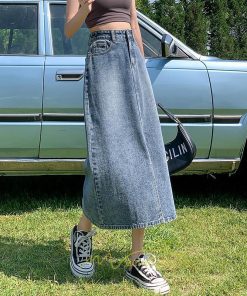 スカート | フロントスリット入れデニム秋物 レディース ロング丈 ハイウエスト タイトAライン美ライン 通学通勤 フェミニン 大人 おしゃれ