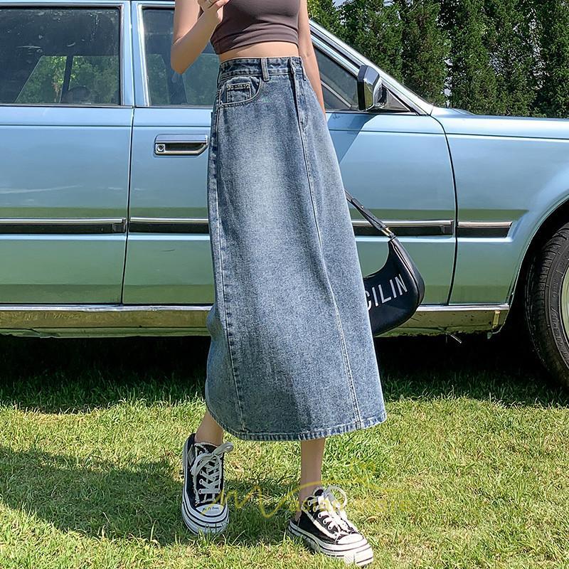 スカート | フロントスリット入れデニム秋物 レディース ロング丈 ハイウエスト タイトAライン美ライン 通学通勤 フェミニン 大人 おしゃれ