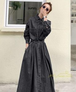 マキシ | ワンピース デニムワンピース 長袖 シャツワンピース デニムシャツ ジャケット 前開き 無地 Aラインワンピ ロングワンピ 可愛い 20代30代40代 ワンピ スリム