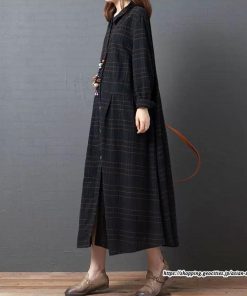 マキシ | チェック柄ワンピースリネン風 シャツワンピース 30代レディース秋物長袖 綿麻風 ゆったり ゆるシルエット 大人 チェック柄 可愛い 通学通勤 ロングシャツ