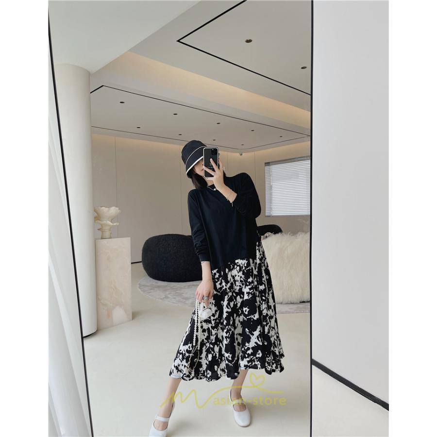 マキシ | ドッキングワンピース 秋 レディース 長袖ワンピース ロングワンピース 切り替えワンピース フェイク レイヤード風 Aラインワンピース お呼ばれワンピース