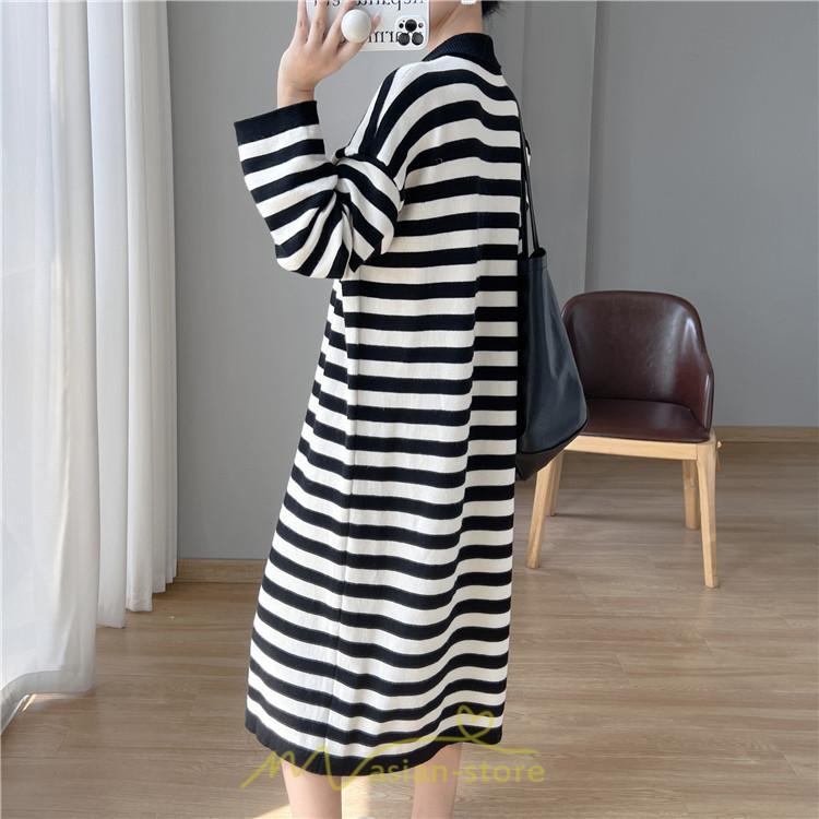 ニットワンピース | ワンピース 秋 秋服 レディース ニット ロングワンピース ロング 長袖 大きいサイズ ゆったり ボーダー柄 スリット お出かけ 部屋着 休日 韓国風 カジュアル