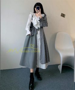 マキシ | ロングワンピース 秋物 レディース ミモレ丈 Aラインワンピース 切り替え フェイク レイヤード風 チェック柄 着やせ お呼ばれワンピース 重ね着風 30代40代