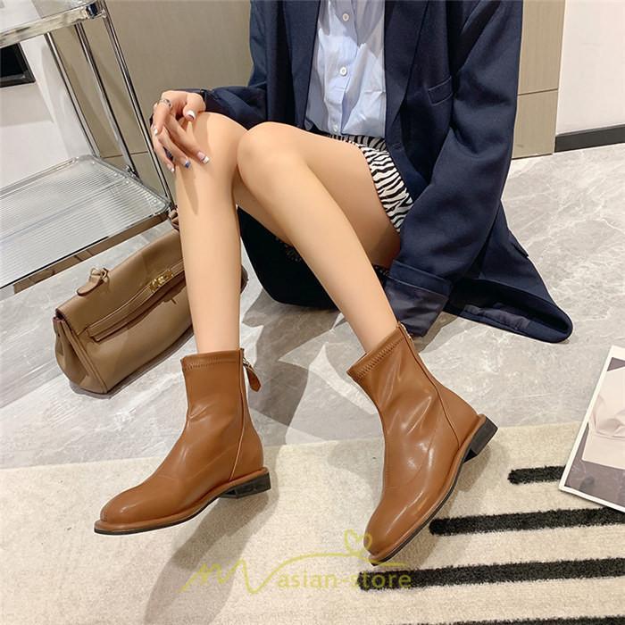 ショートブーツ | ブーツ レディース グランドトゥ 痛くない 歩きやすい 疲れない 滑りにくい 履きやすい ブラック オフホワイト カーキ ブラウン 22.5cm-25cm 黒