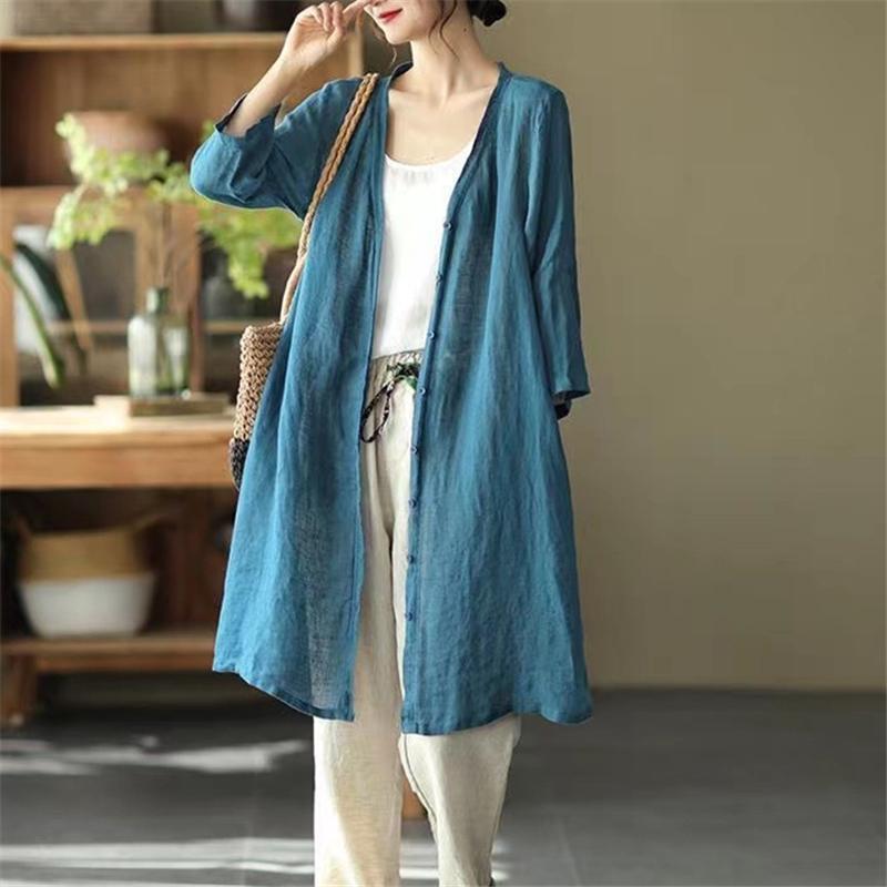 カーディガン | レディース リネン 麻混 ロング 春 秋 ゆったり 7分袖 40代 50代 無地 4色 冷え防止 透け感 羽織 初秋 30代 秋大きいサイズ 20代