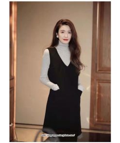 ミディアム | ワンピース ロング ロングワンピース スリム 細身 Vネック スリーブレス 無地 ロング丈 秋冬 レイヤード ノースリーブ