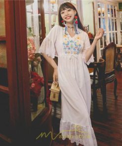 マキシ | ワンピース 七分袖 花と鳥 きれいめ ロング丈 レディース 夏 秋 レトロ 刺繍 レース Vネック エスニック風 リゾート　 イベント カジュアル お出かけ ボヘミアン