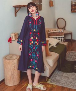 マキシ | ワンピース コットン 長袖ワンピース カジュアル ゆったり ナチュラル シンプル 可愛い 夏 秋 エスニック Vネック 鎖骨 レトロ 黄色 刺繍 白 青 三色展開