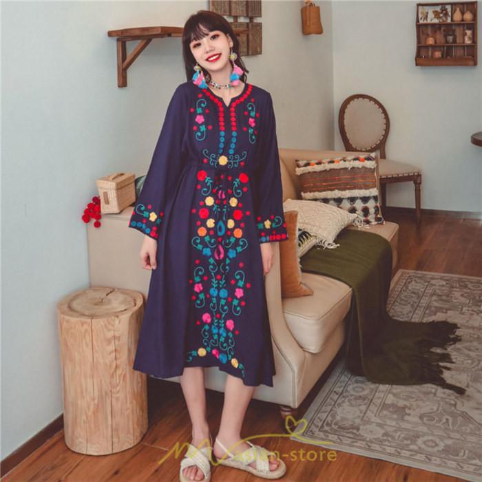 マキシ | ワンピース コットン 長袖ワンピース カジュアル ゆったり ナチュラル シンプル 可愛い 夏 秋 エスニック Vネック 鎖骨 レトロ 黄色 刺繍 白 青 三色展開