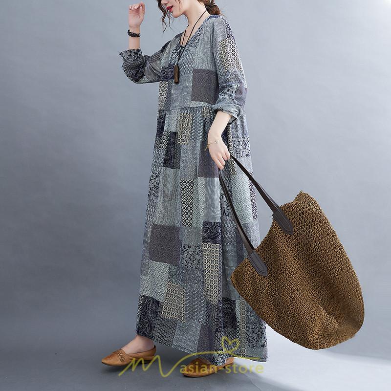 マキシ | 長袖ワンピース 秋物 レディース ロングワンピース チェック 夏 30代40代 大人 秋ワンピース 新作 ワンピース ゆったり 広い裾 Aラインワンピ 可愛い 旅行