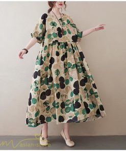 マキシ | Aラインワンピース レディース フリーサイズ 着痩せ プリント 5分袖 クルーネック 麻 綿 リネン 体型カバー ゆったり 薄手 サマーワンピース 夏コーデ