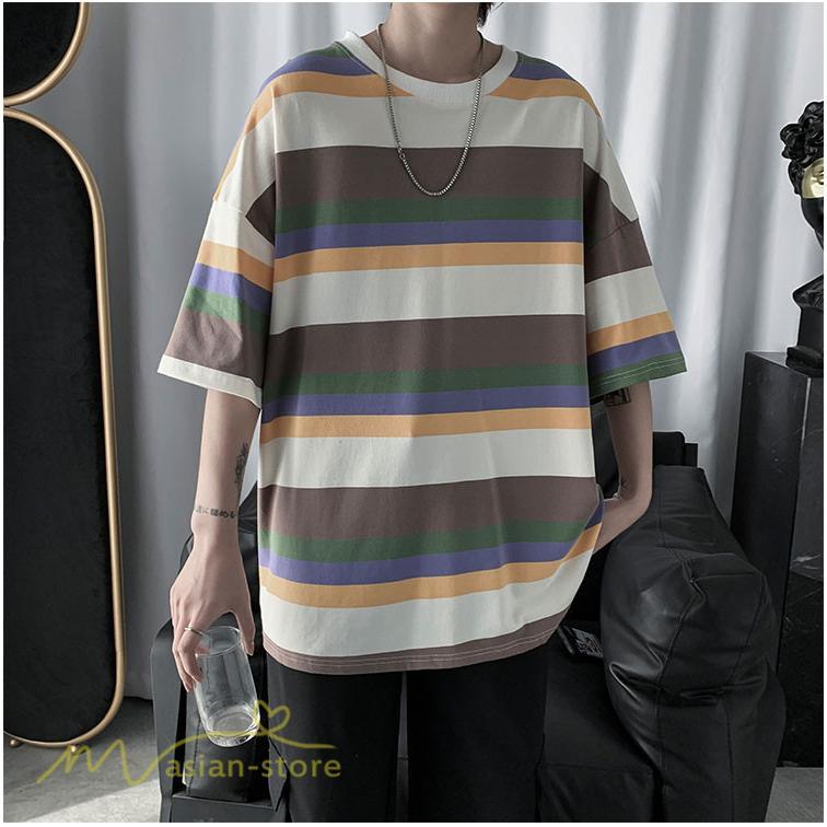 Tシャツ | カットソー メンズ ストライプ カジュアルクルーネック 5分袖 ワイドトップス メンズスタイル カッコウイイ 夏服 上品 日常感