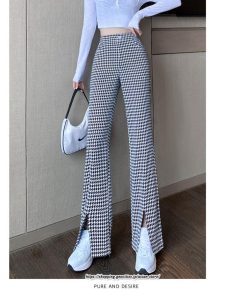 チノ・テーパード・ジョガー・スキニーパン | パンツ レディース フレアパンツ ロングパンツ 千鳥格柄 スリット カジュアル ハイウエスト ワイドパンツ トレンド おしゃれ 送料無料 楽ちん お出かけ かわいい