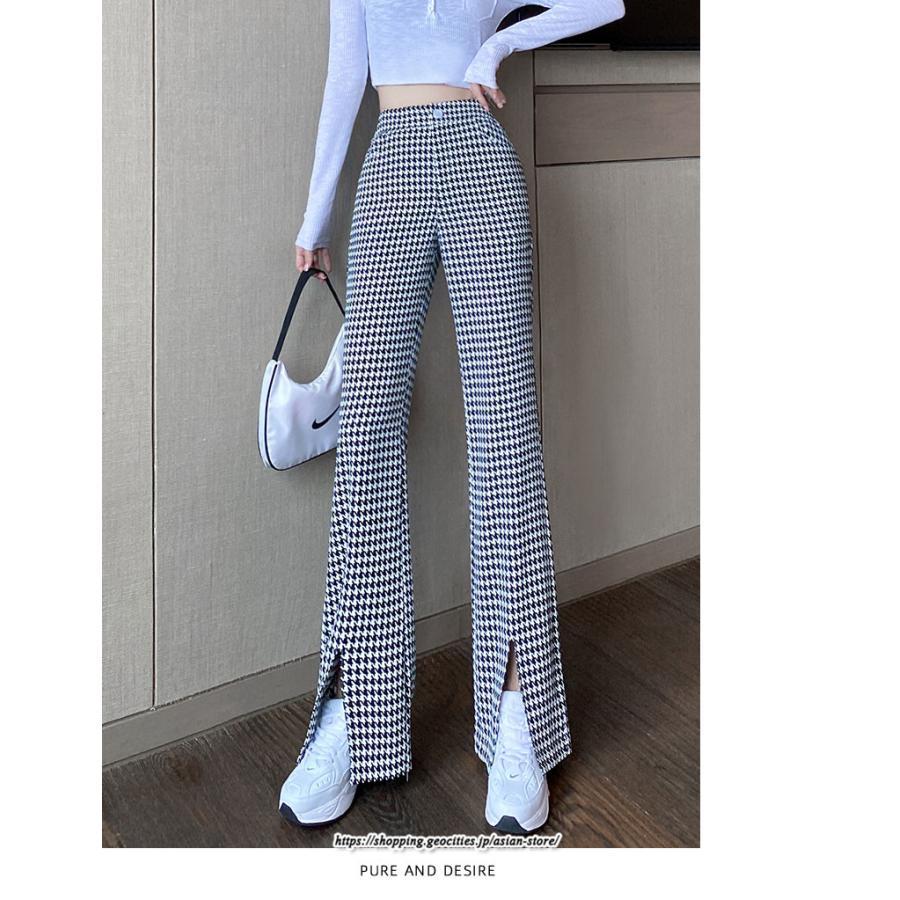チノ・テーパード・ジョガー・スキニーパン | パンツ レディース フレアパンツ ロングパンツ 千鳥格柄 スリット カジュアル ハイウエスト ワイドパンツ トレンド おしゃれ 送料無料 楽ちん お出かけ かわいい