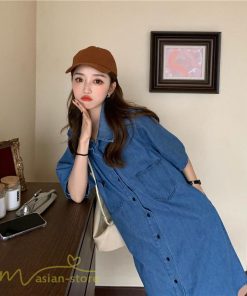 ミディアム | ワンピース デニムワンピース 半袖 ひざ丈 シャツワンピース 夏新作 体型カバー デニム フリーサイズ レトロ風 カジュアル 膝丈 かわいい 無地 ワンピ きれいめ