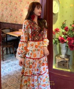 マキシ | ワンピース 七分袖 レディース 夏服  秋服 ロングワンピース マキシ丈 Vネック 民族風 エスニック風 体型カバー カジュアル お洒落 レトロ ハイウエスト