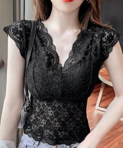 透かし編みトップス | 花柄 総レース トップス Vネック 透け感