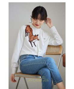 シャツ・ブラウス | ブラウス レディース オフィス 白 長袖 ビジネス カジュアル シャツ 刺繍 アニマル柄 動物柄 狐 個性的 冬 2022新作 秋 可愛い 上品 フェミニン