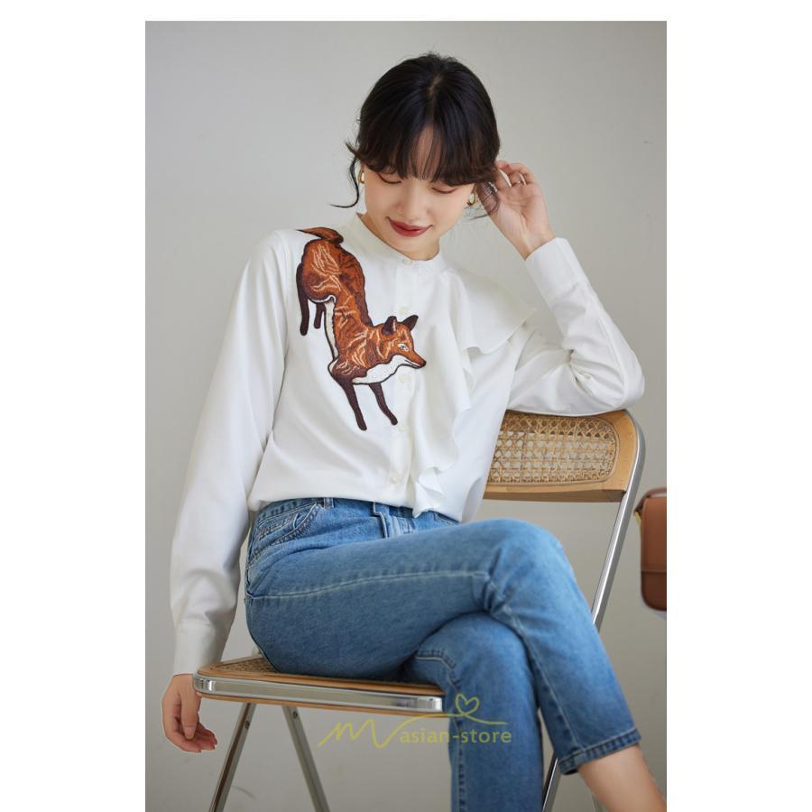 シャツ・ブラウス | ブラウス レディース オフィス 白 長袖 ビジネス カジュアル シャツ 刺繍 アニマル柄 動物柄 狐 個性的 冬 2022新作 秋 可愛い 上品 フェミニン