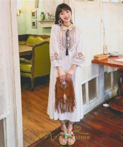 マキシ | ワンピース レディース 刺繍 綿麻 レトロ調 インスタ映え ナチュラル エスニック風 民族風 ボヘミアン 撮影 リゾート 柔らかい ウエストリボン長袖 イベント