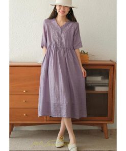 ミディアム | ワンピース レディース 夏新作 半袖 五分袖 ミモレ丈 刺繍 無地 Aラインワンピース ギャザー ゆったり Vネック ウエストリボン付き 調整可 40代 綿麻 30代