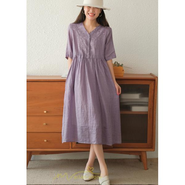 ミディアム | ワンピース レディース 夏新作 半袖 五分袖 ミモレ丈 刺繍 無地 Aラインワンピース ギャザー ゆったり Vネック ウエストリボン付き 調整可 40代 綿麻 30代