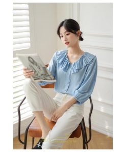 シャツ・ブラウス | ブラウス レディース シャツ おしゃれ きれいめ 七分袖ブラウス カジュアル 無地 フォーマル オフィス 夏物 エレガント Vネック ライトブルー 通勤 ビジネス