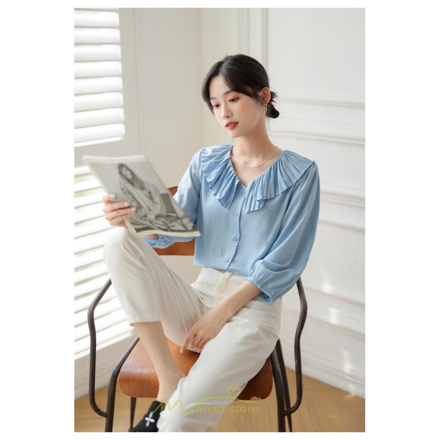 シャツ・ブラウス | ブラウス レディース シャツ おしゃれ きれいめ 七分袖ブラウス カジュアル 無地 フォーマル オフィス 夏物 エレガント Vネック ライトブルー 通勤 ビジネス