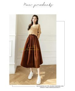 スカート | ロングミモレ丈 Aラインフレアビロードウエストゴム ハイウエスト 秋冬 無地 ゆったり 大人 通学通勤 エレガント