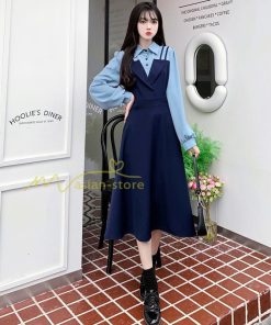 マキシ | ロングワンピース 秋物 レディース ミモレ丈 Aラインワンピース 切り替え フェイク レイヤード風 重ね着風 シャツカラー お呼ばれワンピース 30代40代 着やせ