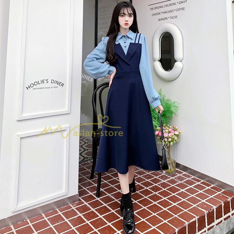 マキシ | ロングワンピース 秋物 レディース ミモレ丈 Aラインワンピース 切り替え フェイク レイヤード風 重ね着風 シャツカラー お呼ばれワンピース 30代40代 着やせ