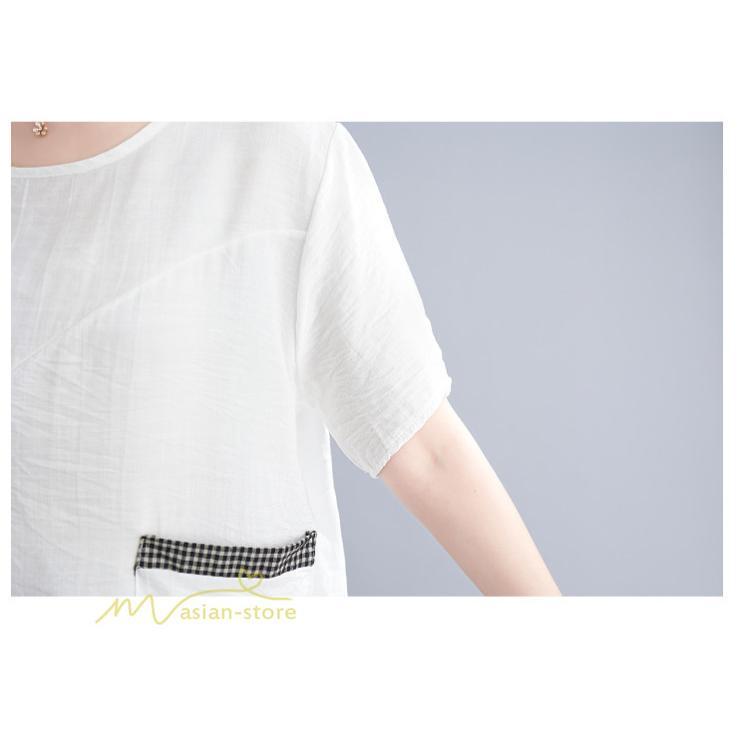 tシャツ・カットソー | tシャツ カットソー レディース 切り替え 女性着 シンプル カジュアル フリーサイズ ゆったり 夏新作 おしゃれ 半袖 チェック柄 黒 半袖tシャツ 丸首 白