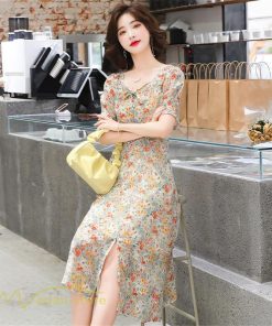 ミディアム | ワンピース Aライン レディース サマーワンピース 花柄 フレア 上品 シフォン 薄手 夏 新作 カジュアル 大人 着痩せ 裾口スリット 上品 おでかえk きれいめ