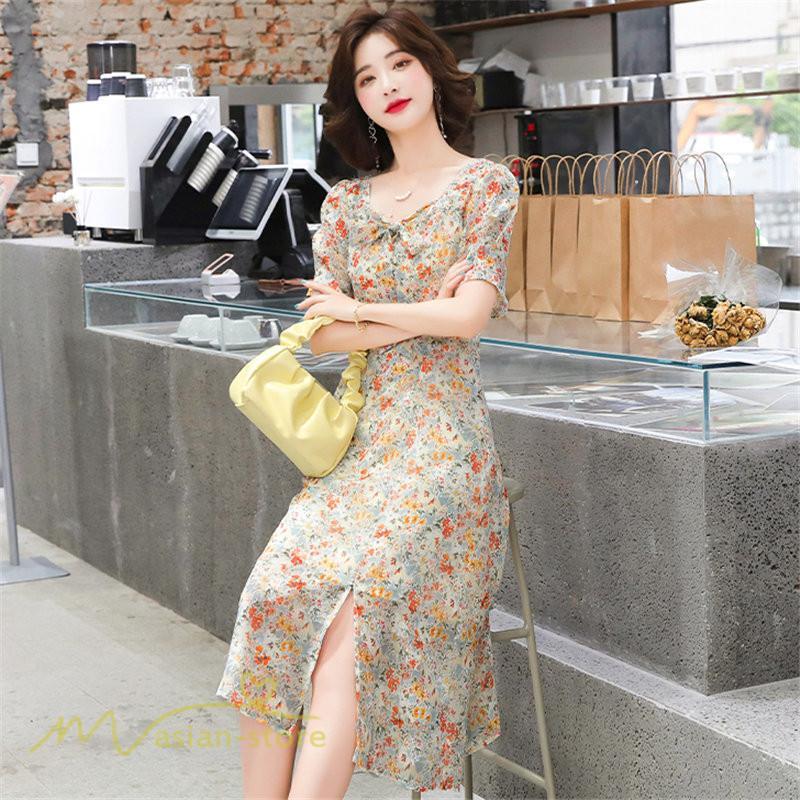ミディアム | ワンピース Aライン レディース サマーワンピース 花柄 フレア 上品 シフォン 薄手 夏 新作 カジュアル 大人 着痩せ 裾口スリット 上品 おでかえk きれいめ