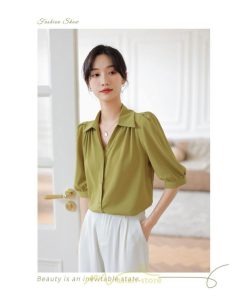 シャツ・ブラウス | ブラウス シャツ トップス レディース 春 夏 半袖 バブルスリーブ シフォン 柔らかい Vネック 着痩せ かわいい 上品 きれいめ エレガント オフィス フォーマル