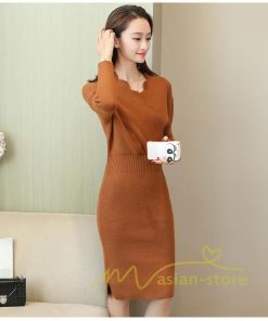 在庫ある | 短納期ニットワンピース 膝丈ワンピース タイトワンピース 長袖 インナー カットソー Vネック エレガント 着痩せ シルエット ビジネスオフィスフォーマル