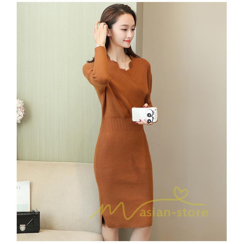 在庫ある | 短納期ニットワンピース 膝丈ワンピース タイトワンピース 長袖 インナー カットソー Vネック エレガント 着痩せ シルエット ビジネスオフィスフォーマル