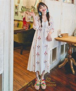 マキシ | ロング丈ワンピース レディース 花柄 Aライン 七分袖 ロング丈 ゆるシンプル きれいめ Vネック カジュアル 細見え 白 リゾート 黄色 上品 華やか 旅行