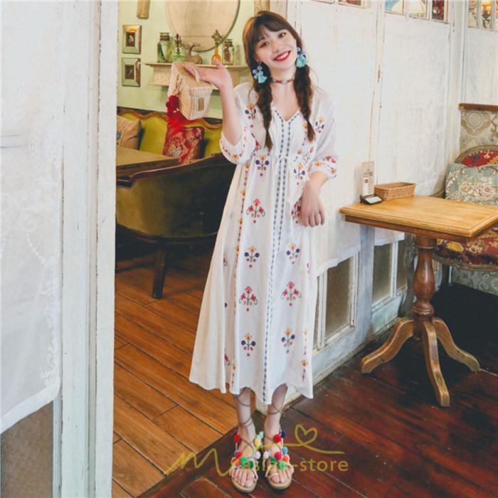 マキシ | ロング丈ワンピース レディース 花柄 Aライン 七分袖 ロング丈 ゆるシンプル きれいめ Vネック カジュアル 細見え 白 リゾート 黄色 上品 華やか 旅行