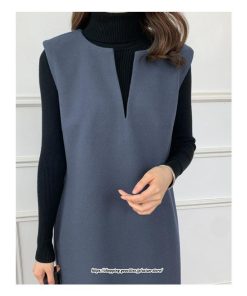 マキシ | ワンピース ジャンパースカート ジャンスカ 深Vネック ロングワンピース Vネック 】 ウール混深Vネックジャンスカ スリット入り【