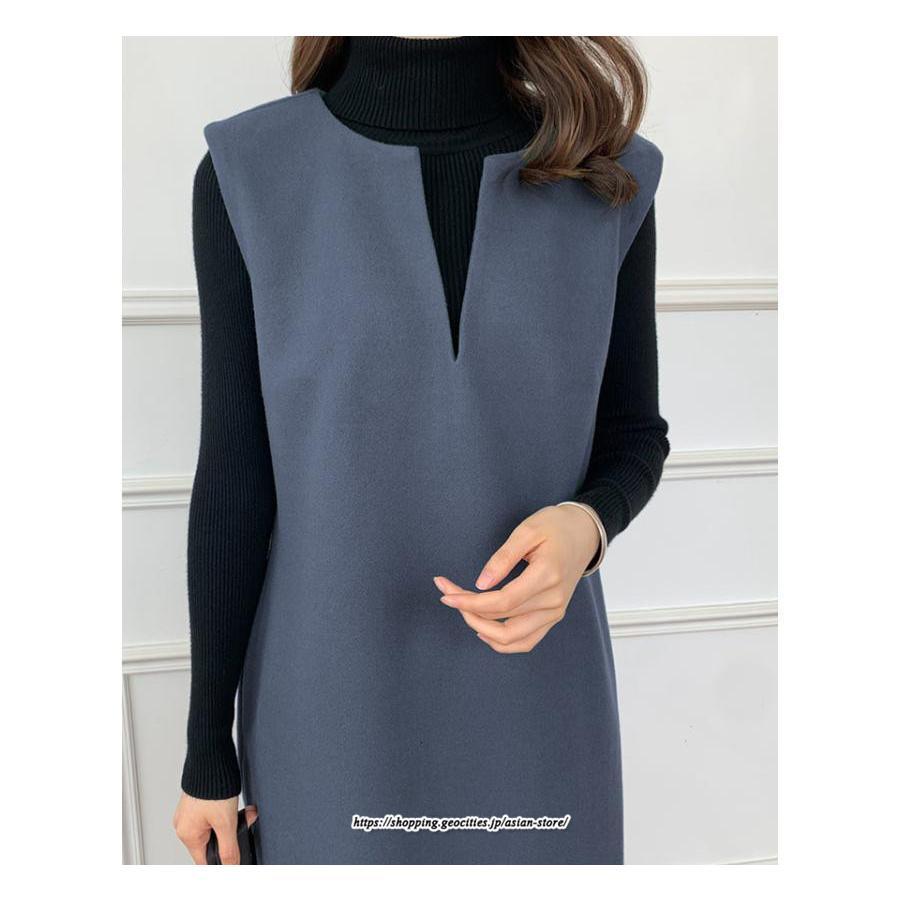 マキシ | ワンピース ジャンパースカート ジャンスカ 深Vネック ロングワンピース Vネック 】 ウール混深Vネックジャンスカ スリット入り【