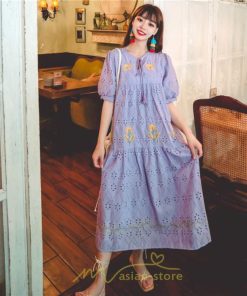 マキシ | ロングワンピース 夏秋 レディース 五分袖 普段着 同窓会 細見せ ハイウエスト コットン レース Aライン 白 紫 刺繍 Vネック キャンプ 旅行 上品 鎖骨 華奢魅せ