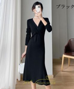 ニットワンピース | 二ットワンピース レディース ニットワンピ Vネック 長袖 トップス チュニック ロング丈 ミモレ丈 着痩せ 秋 冬 コーデ 20代30代40代 フェミニン 上品 大人
