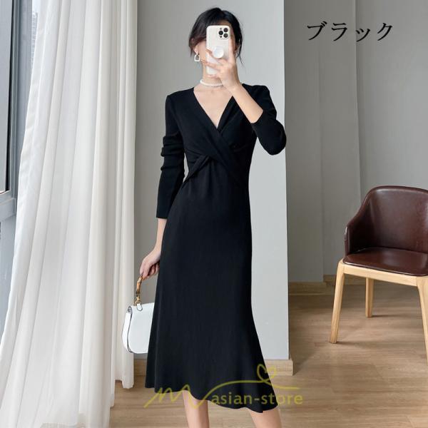 ニットワンピース | 二ットワンピース レディース ニットワンピ Vネック 長袖 トップス チュニック ロング丈 ミモレ丈 着痩せ 秋 冬 コーデ 20代30代40代 フェミニン 上品 大人